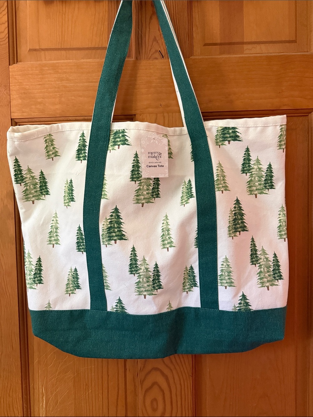 Merry Makers White Tote with Green Tree Print